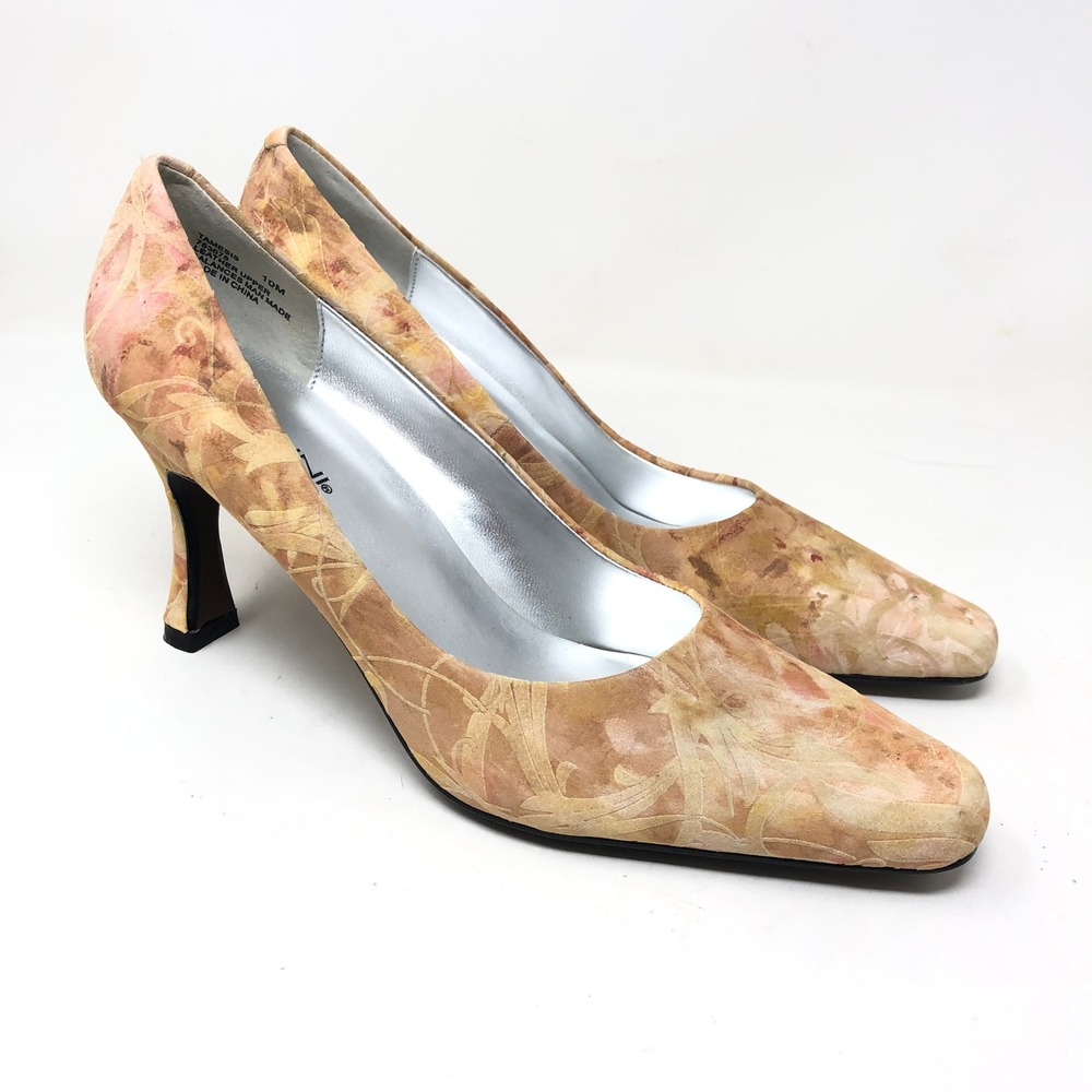 Bellini Womens 10 Vintage Pumps Tamesis Tan Floral Leather Square Toe Heel